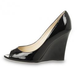 Pre Owned Jimmy Choo Black Patent Bello Peep Toe Wedges Size 37