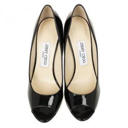 Pre Owned Jimmy Choo Black Patent Bello Peep Toe Wedges Size 37