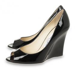 Pre Owned Jimmy Choo Black Patent Bello Peep Toe Wedges Size 37
