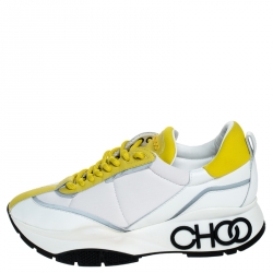 Pre Owned Jimmy Choo White/Yellow Leather And Neoprene Raine Sneakers Size 39