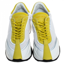 Pre Owned Jimmy Choo White/Yellow Leather And Neoprene Raine Sneakers Size 39