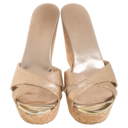 Pre Owned Jimmy Choo Glitter Fabric Perfume Cork Wedge Platform Sandals Size 39