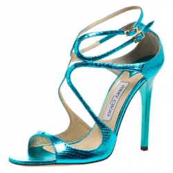 Pre Owned Jimmy Choo Blue Python Embossed Leather Criss Cross Strap Sandals Size 40