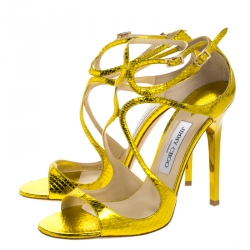 Pre Owned Jimmy Choo Metallic Yellow Python Embossed Leather Criss Cross Strap Sandals Size 40