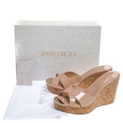 Pre Owned Jimmy Choo Beige Patent Leather Pandora Cork Wedges Size 36.5