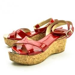 Pre Owned Jimmy Choo Red Patent Leather 'Panther' Cork Wedge Sandals Size 40