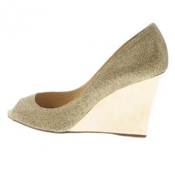 Pre Owned Jimmy Choo Gold Glitter Baxen Peep Toe Wedge Pumps Size 37