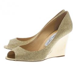Pre Owned Jimmy Choo Gold Glitter Baxen Peep Toe Wedge Pumps Size 37