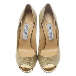Pre Owned Jimmy Choo Gold Glitter Baxen Peep Toe Wedge Pumps Size 37