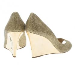 Pre Owned Jimmy Choo Gold Glitter Baxen Peep Toe Wedge Pumps Size 37