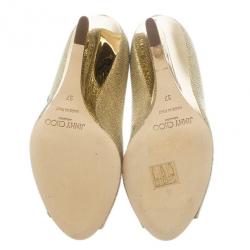 Pre Owned Jimmy Choo Gold Glitter Baxen Peep Toe Wedge Pumps Size 37