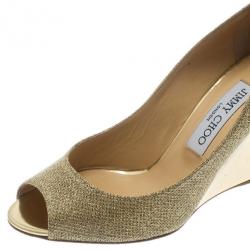 Pre Owned Jimmy Choo Gold Glitter Baxen Peep Toe Wedge Pumps Size 37