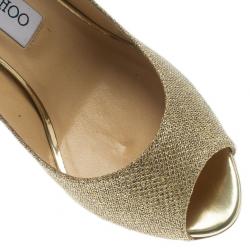 Pre Owned Jimmy Choo Gold Glitter Baxen Peep Toe Wedge Pumps Size 37