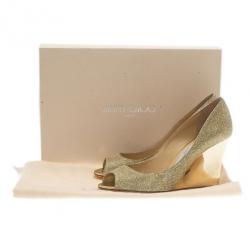 Pre Owned Jimmy Choo Gold Glitter Baxen Peep Toe Wedge Pumps Size 37