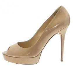 Pre Owned Jimmy Choo Nude Patent Crown Peep Toe Platform Pumps Size 42