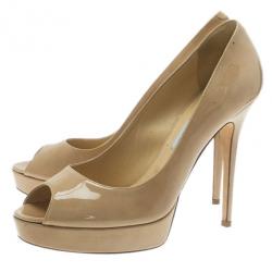 Pre Owned Jimmy Choo Nude Patent Crown Peep Toe Platform Pumps Size 42