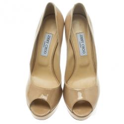 Pre Owned Jimmy Choo Nude Patent Crown Peep Toe Platform Pumps Size 42