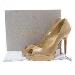 Pre Owned Jimmy Choo Nude Patent Crown Peep Toe Platform Pumps Size 42