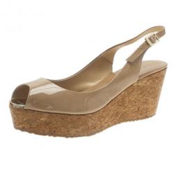 Pre Owned Jimmy Choo Nude Patent Praise Cork Slingback Wedges Size 40