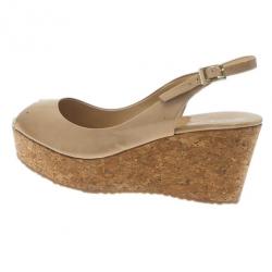 Pre Owned Jimmy Choo Nude Patent Praise Cork Slingback Wedges Size 40