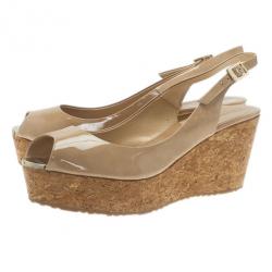 Pre Owned Jimmy Choo Nude Patent Praise Cork Slingback Wedges Size 40
