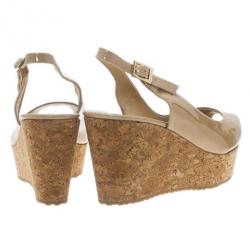 Pre Owned Jimmy Choo Nude Patent Praise Cork Slingback Wedges Size 40
