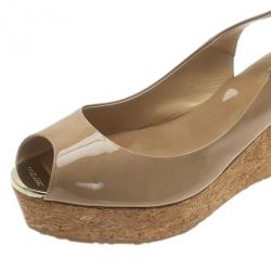 Pre Owned Jimmy Choo Nude Patent Praise Cork Slingback Wedges Size 40