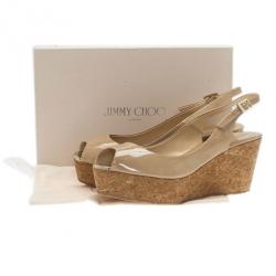 Pre Owned Jimmy Choo Nude Patent Praise Cork Slingback Wedges Size 40