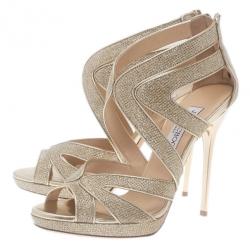 Pre Owned Jimmy Choo Gold Glitter Collar Platform Sandals Size 38.5