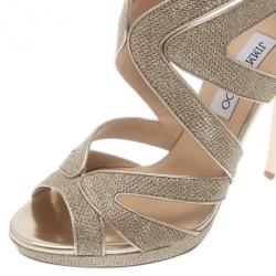 Pre Owned Jimmy Choo Gold Glitter Collar Platform Sandals Size 38.5