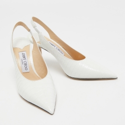 Pre Owned Jimmy Choo White Croc Embossed Leather Slingback Pumps Size 37   