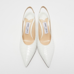 Pre Owned Jimmy Choo White Croc Embossed Leather Slingback Pumps Size 37   