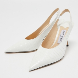 Pre Owned Jimmy Choo White Croc Embossed Leather Slingback Pumps Size 37   