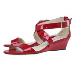 Pre Owned Jimmy Choo Red Patent Chiara Wedge Sandals Size 37.5