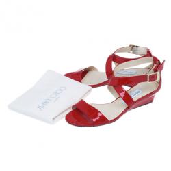 Pre Owned Jimmy Choo Red Patent Chiara Wedge Sandals Size 37.5
