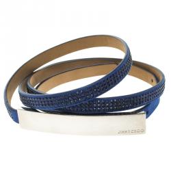 Pre Owned Jimmy Choo Blue Suede Crystal Embellished Blossom Skinny Belt 90 CM