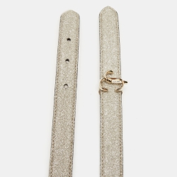 Pre Owned Jimmy Choo Gold Glitter Leather JC Logo Slim Belt 75CM