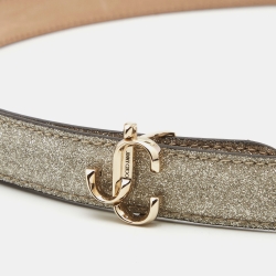 Pre Owned Jimmy Choo Gold Glitter Leather JC Logo Slim Belt 75CM