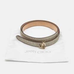 Pre Owned Jimmy Choo Gold Glitter Leather JC Logo Slim Belt 75CM
