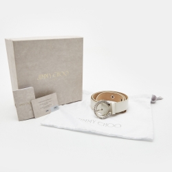 Pre Owned Jimmy Choo White Leather Madeline Crystals Belt S