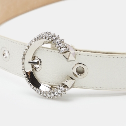 Pre Owned Jimmy Choo White Leather Madeline Crystals Belt S