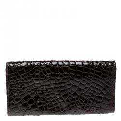 Pre Owned Jimmy Choo Dark Brown Croc Embossed Glossy Leather Flap Wallet