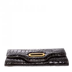 Pre Owned Jimmy Choo Dark Brown Croc Embossed Glossy Leather Flap Wallet