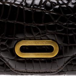 Pre Owned Jimmy Choo Dark Brown Croc Embossed Glossy Leather Flap Wallet