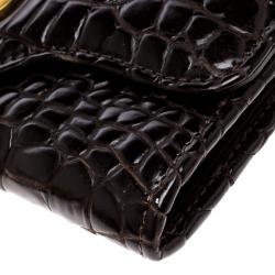 Pre Owned Jimmy Choo Dark Brown Croc Embossed Glossy Leather Flap Wallet