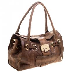 Pre Owned Jimmy Choo Brown Python Embossed Leather Rosalie Top Handle Bag