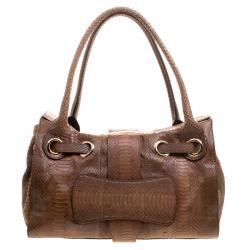 Pre Owned Jimmy Choo Brown Python Embossed Leather Rosalie Top Handle Bag
