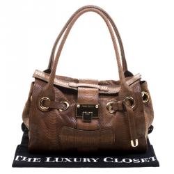Pre Owned Jimmy Choo Brown Python Embossed Leather Rosalie Top Handle Bag