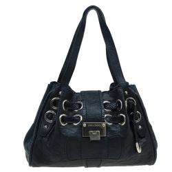 Pre Owned Jimmy Choo Black Leather Python Trim Riki Stamped Shoulder Bag