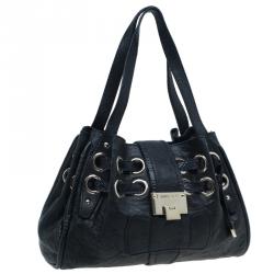 Pre Owned Jimmy Choo Black Leather Python Trim Riki Stamped Shoulder Bag
